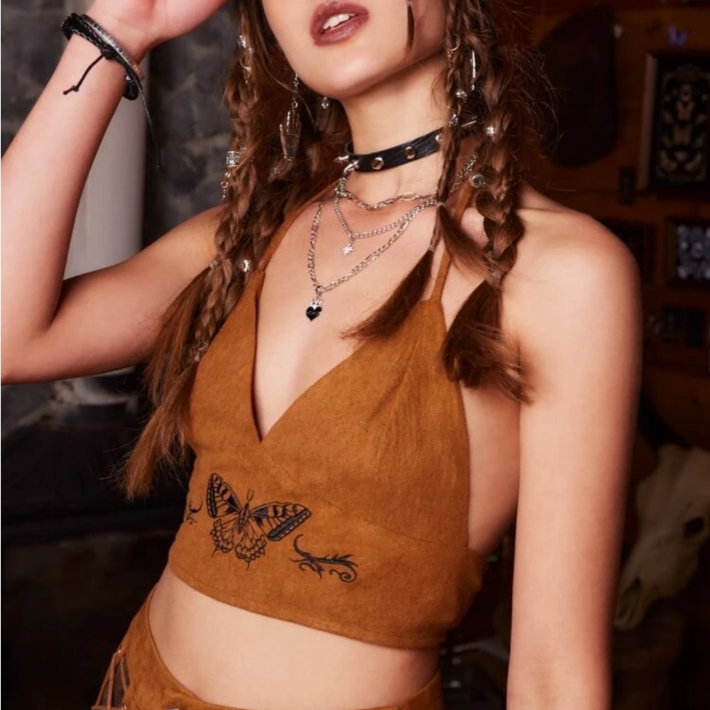 Suede Butterfly Embroidery Halter Crop Top